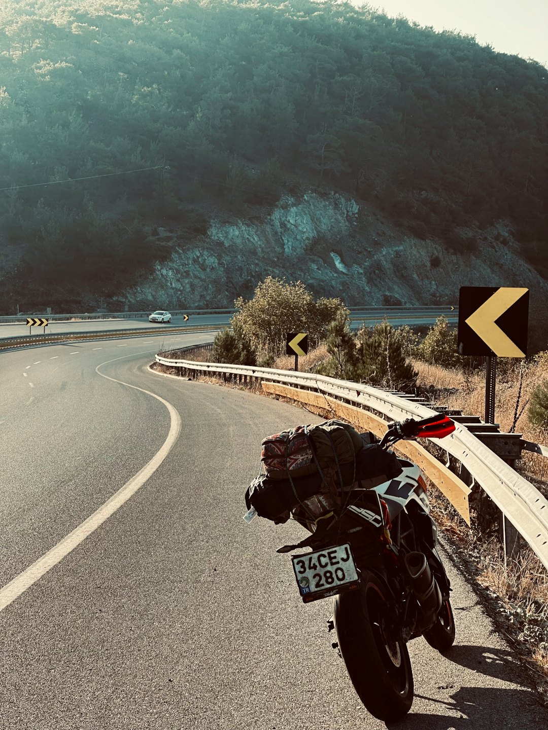 Loaded motorcycle parked on the shoulder of a mountain road.