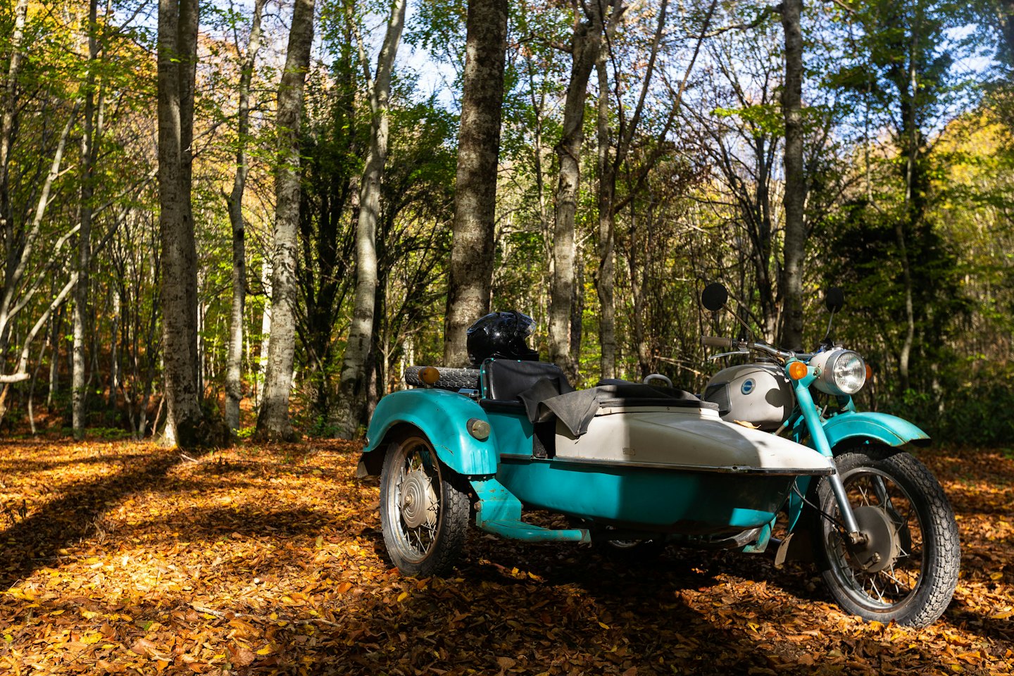 Vintage teal motorcycle with sidecar parked on autumn leaves.